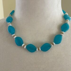 HAND CRAFTED STATEMENT NECKLACE Beaded Choker Ocean Blue  Alabaster Gold Beachy